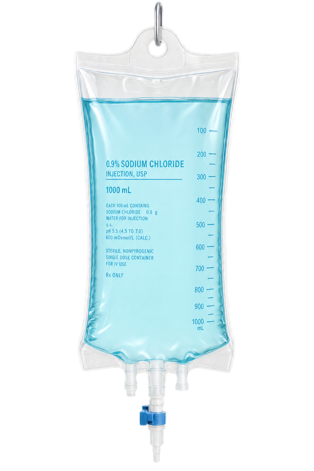 IV drip bag with light blue saline fluid — Myers cocktail